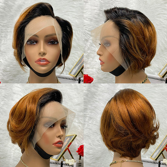 customized 1TB-30 13x1 Lace Frontal Wig Short Curly Human Hair Wig For Ladies