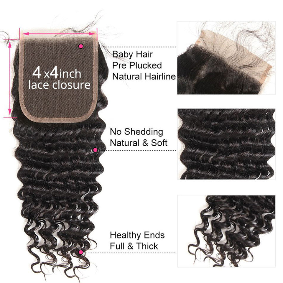 4 Bundles #natural deep wave Hair With 4x4 Lace Closure Hair