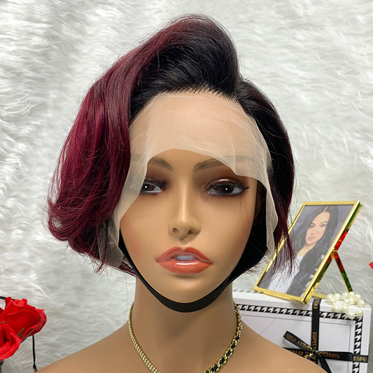 customized 1TB-99J 13x1 Lace Frontal Wig Short Curly Human Hair Wig For Ladies