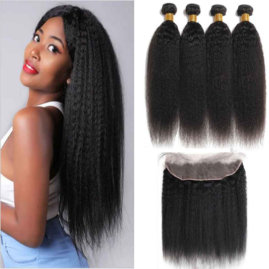 4 Bundles #natural kinky straight Hair With 13x4 Lace Closure Hair