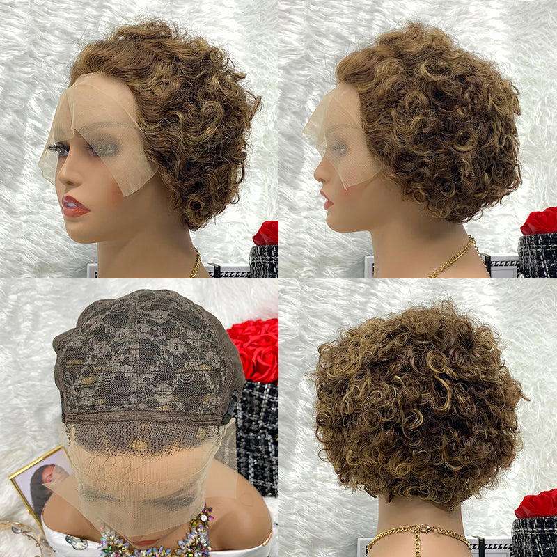 13x1 4-27 100% Virgin Hair Pixie Wig Curly  Remy Transparent Lace Short Curly Wigs