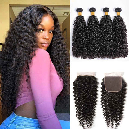 4 Bundles #natural kinky cruly Hair With 4x4 Lace Closure Hair