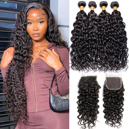 4 Bundles #natural water wave Hair With 4x4 Lace Closure Hair