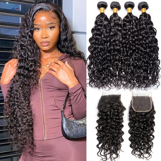 4 Bundles #natural water wave Hair With 4x4 Lace Closure Hair