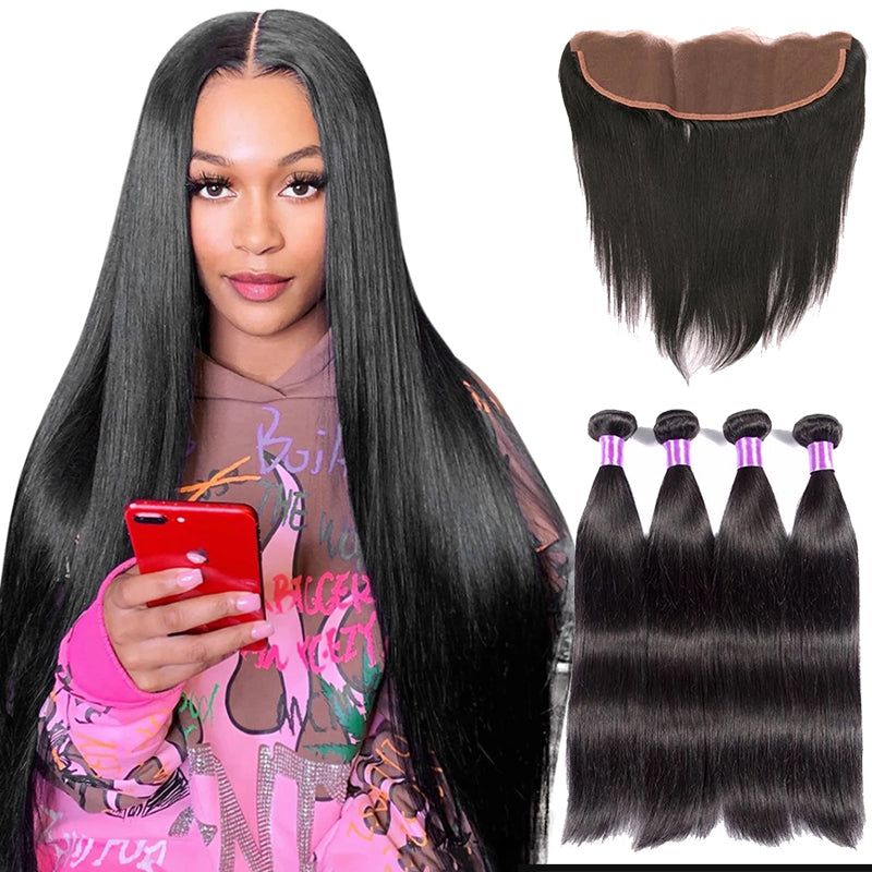 4 Bundles #natural straight Hair With 13x4 Lace Closure Hair