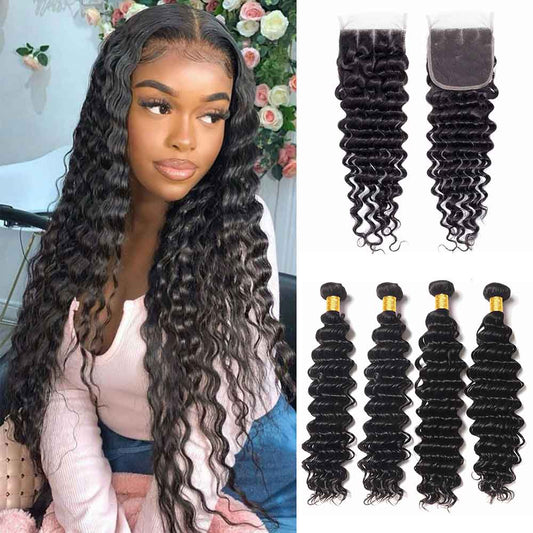 4 Bundles #natural deep wave Hair With 4x4 Lace Closure Hair