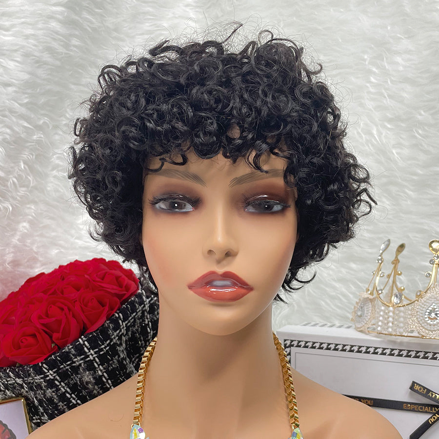 Unprocessed No Lace Wigs Color Machine Made Raw Guangzhou Wig Remy Curly Pixie Wigs