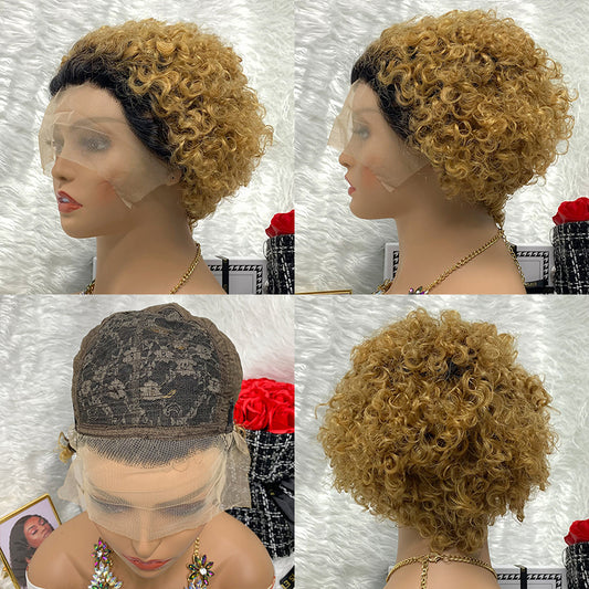 13x1 T1B-27 100% Virgin Hair Pixie Wig Curly  Remy Transparent Lace Short Curly Wigs