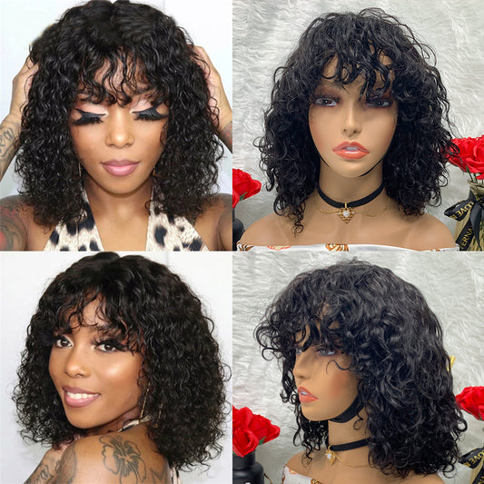 NATURE Machine Made No Lace Fringe Water Wave Curls Bob Wigs With Bangs