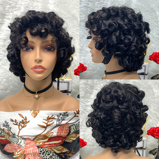 Rose Curly Super Double Drawn Wigs No Lace Burgundy Wig Machine Made Human Hair Pixie Cut Wig