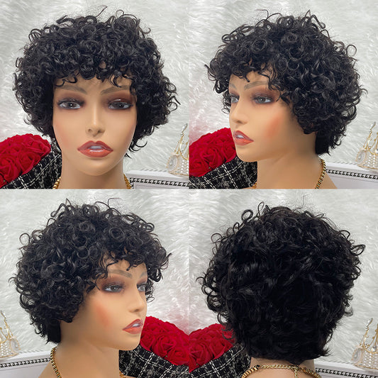 NATURAL No Lace Wigs Color Machine Made Raw Guangzhou Wig Remy Curly Pixie Wigs