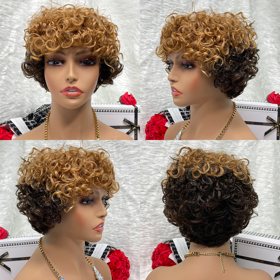 1B-30 No Lace Wigs Color Machine Made Raw Guangzhou Wig Remy Curly Pixie Wigs