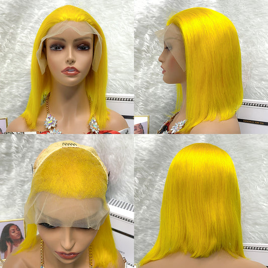 13x4  yellow Transparent Peruvian Hair Wig Virgin Colored  Bob Lace Front Wig Hair