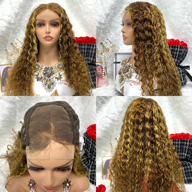 4x4 Virgin Pre Plucked Wigs Natural Human Hair Lace Deep Water Wave Highlight Wig