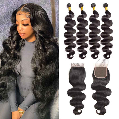 4 Bundles #natural body wave Hair With 4x4 Lace Closure Hair