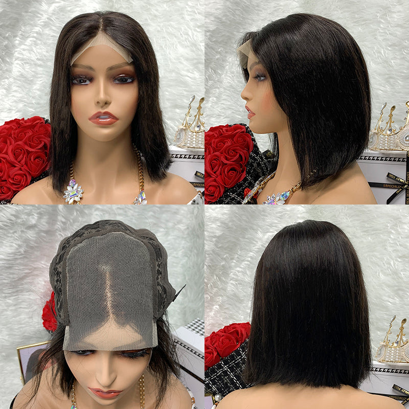 natural black 4x4 Straight Lace Closure Bob Wig