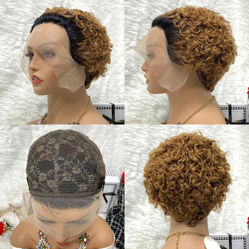 13x1 1B-30 100% Virgin Hair Pixie Wig Curly  Remy Transparent Lace Short Curly Wigs