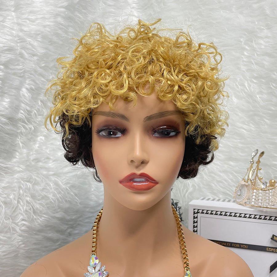 Unprocessed No Lace Wigs Color Machine Made Raw Guangzhou Wig Remy Curly Pixie Wigs