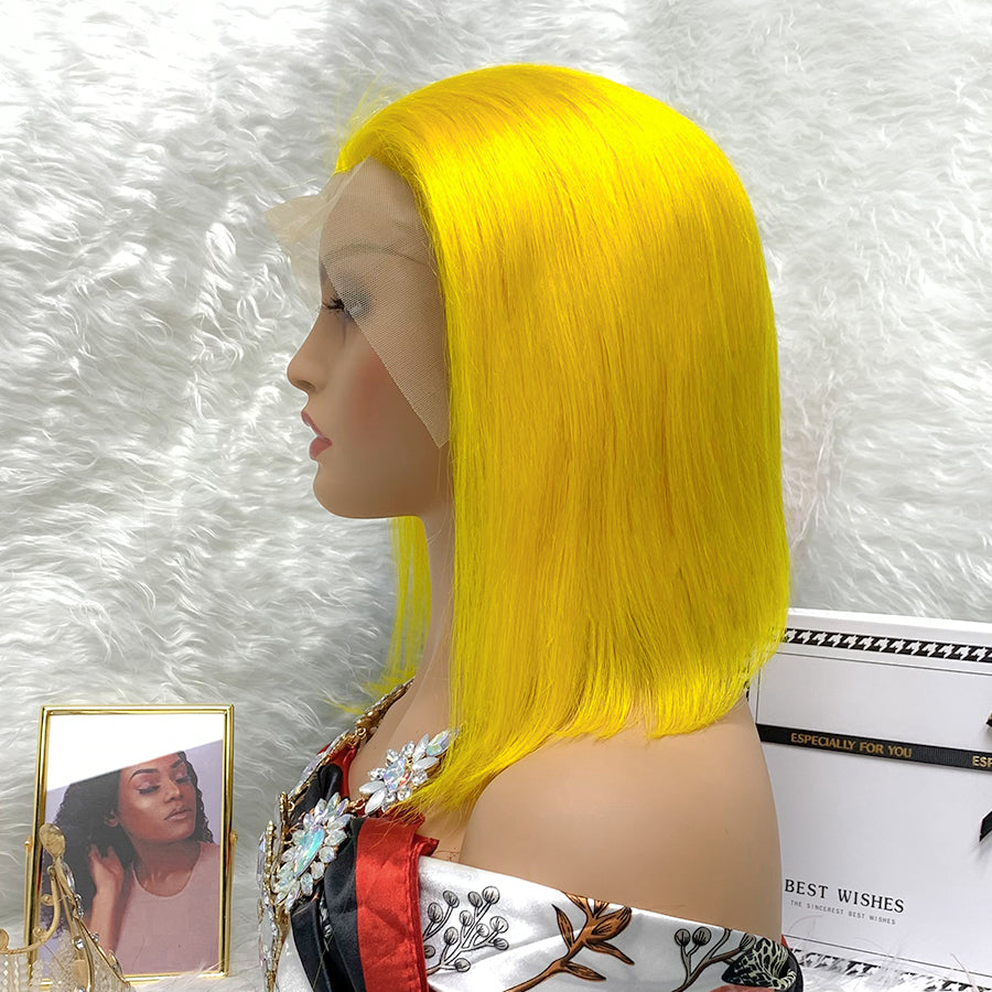 13x4  yellow Transparent Peruvian Hair Wig Virgin Colored  Bob Lace Front Wig Hair