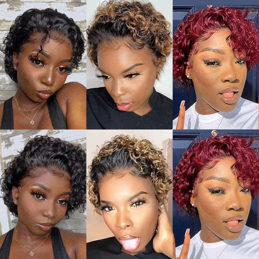 13x1 1B-30 100% Virgin Hair Pixie Wig Curly  Remy Transparent Lace Short Curly Wigs