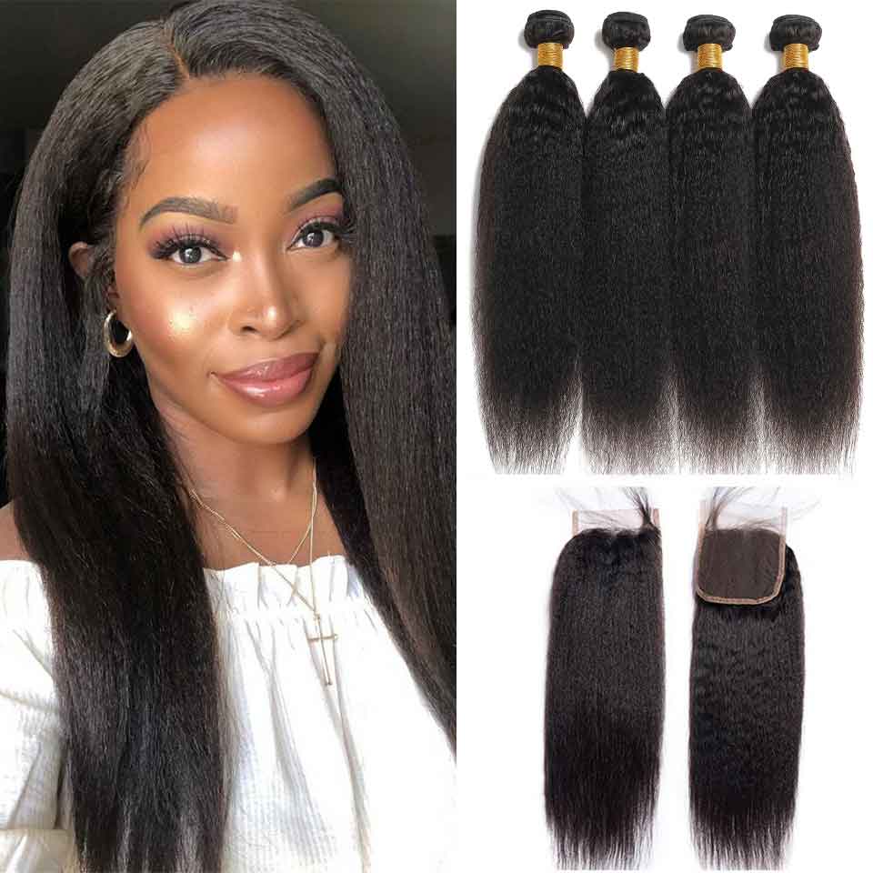 4 Bundles #natural kinky straight Hair With 4x4 Lace Closure Hair