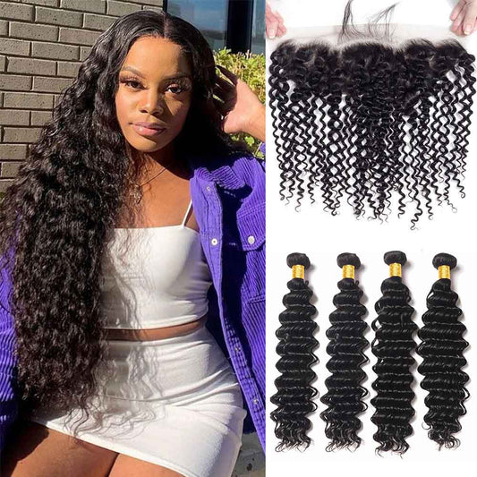 4 Bundles #natural deep wave Hair With 13x4 Lace Closure Hair