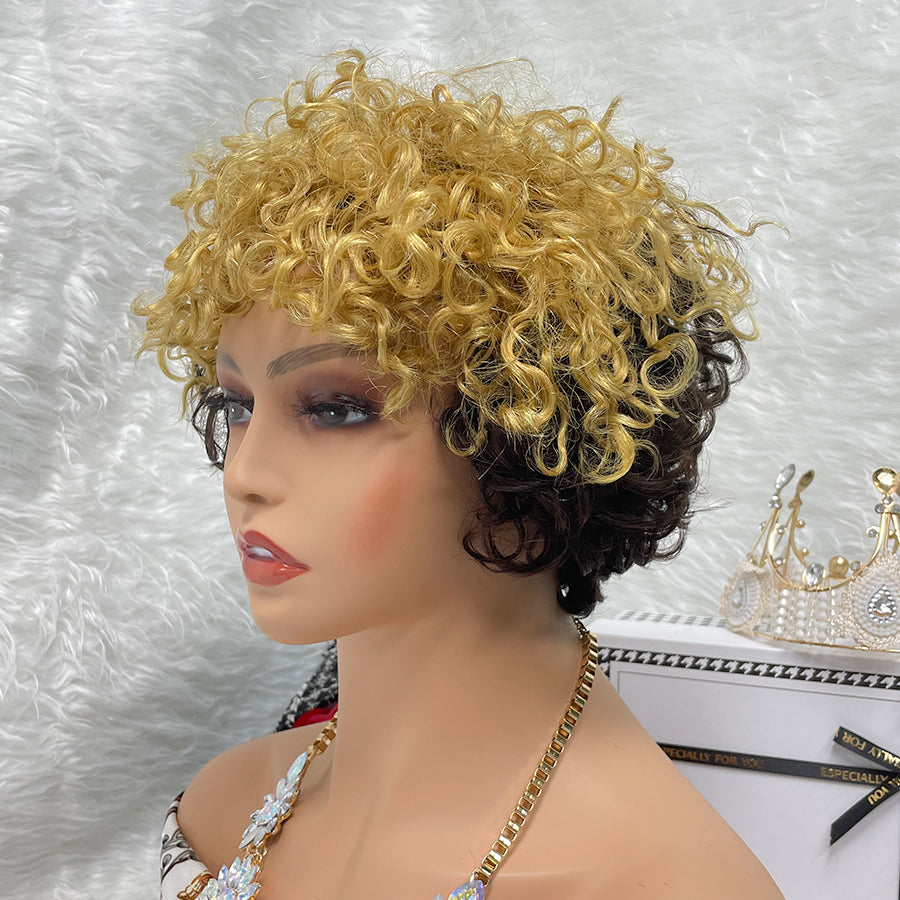 1B-27 No Lace Wigs Color Machine Made Raw Guangzhou Wig Remy Curly Pixie Wigs