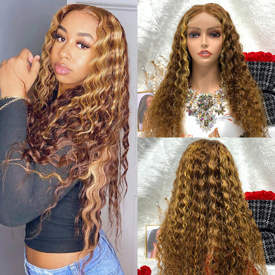 4x4 Virgin Pre Plucked Wigs Natural Human Hair Lace Deep water wave Highlight Wig