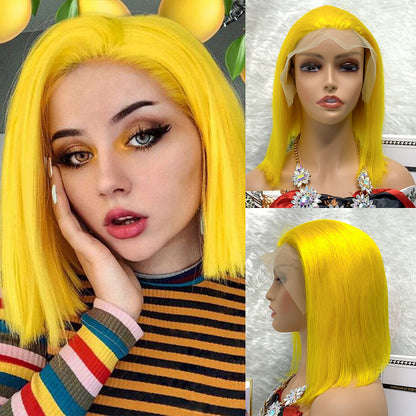 13x4  yellow Transparent Peruvian Hair Wig Virgin Colored  Bob Lace Front Wig Hair