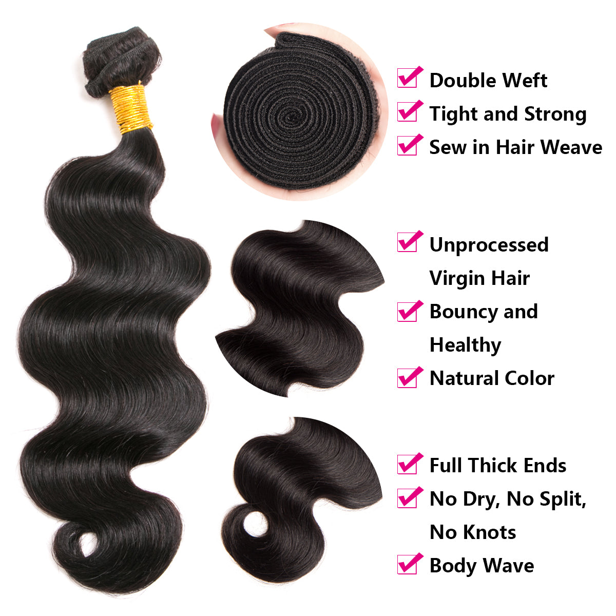 3 Bundles 8A natural body wave Raw Hair Extension Bundle