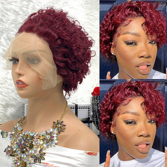 13x1 99J 100% Virgin Hair Pixie Wig Curly  Remy Transparent Lace Short Curly Wigs