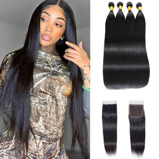 4 Bundles #natural straight Hair With 4x4 Lace Closure Hair