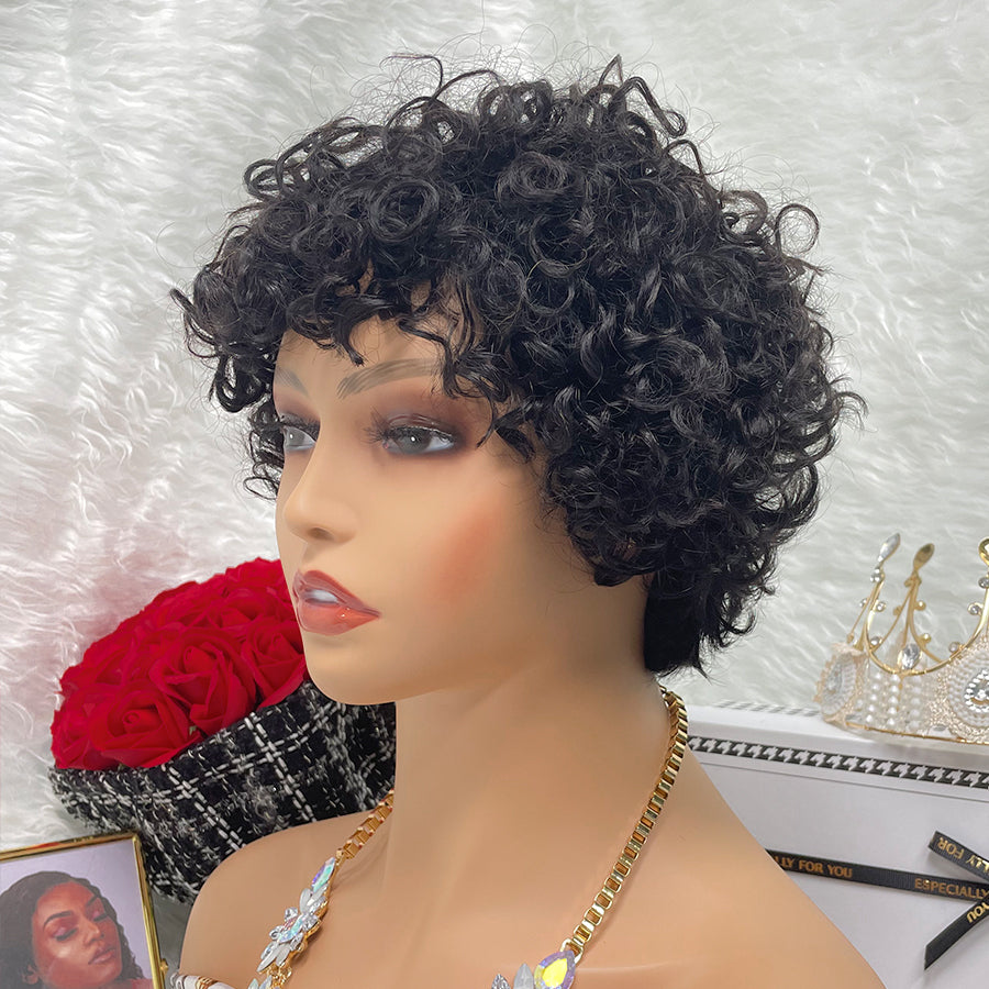 NATURAL No Lace Wigs Color Machine Made Raw Guangzhou Wig Remy Curly Pixie Wigs