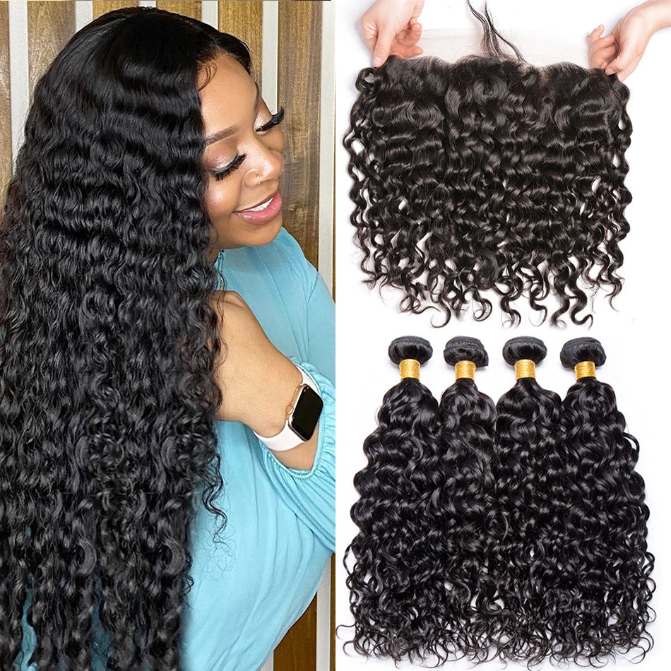 4 Bundles #natural water wave Hair With 13x4 Lace Closure Hair