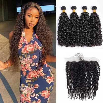 4 Bundles #natural kinky cruly Hair With 13x4 Lace Closure Hair