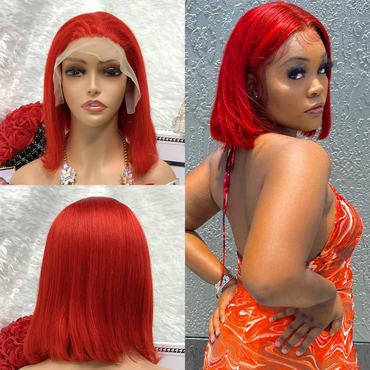 13x4  RED Transparent Virgin Colored Straight Bob Lace Front Wig