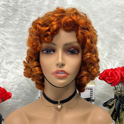 Rose Curly Super Double Drawn Wigs No Lace Burgundy Wig Machine Made Human Hair Pixie Cut Wig