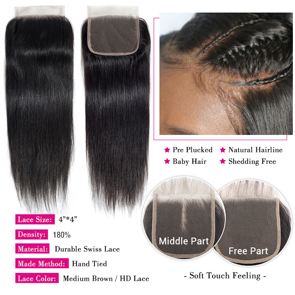 4 Bundles #natural straight Hair With 4x4 Lace Closure Hair