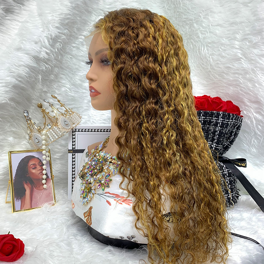 4x4 Virgin Pre Plucked Wigs Natural Human Hair Lace Deep water wave Highlight Wig