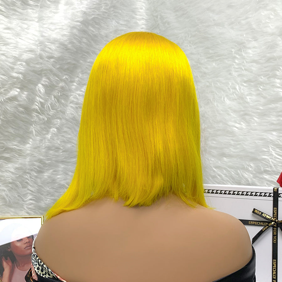 13x4  yellow Transparent Peruvian Hair Wig Virgin Colored  Bob Lace Front Wig Hair