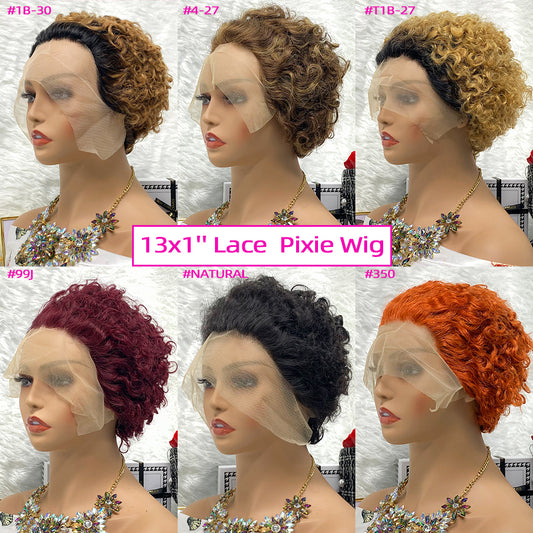 13x1 Brazilian 100% Virgin Hair Pixie Wig Curly  Remy Transparent Lace Short Curly Wigs