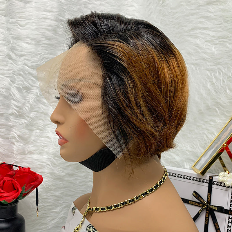 customized 1TB-30 13x1 Lace Frontal Wig Short Curly Human Hair Wig For Ladies