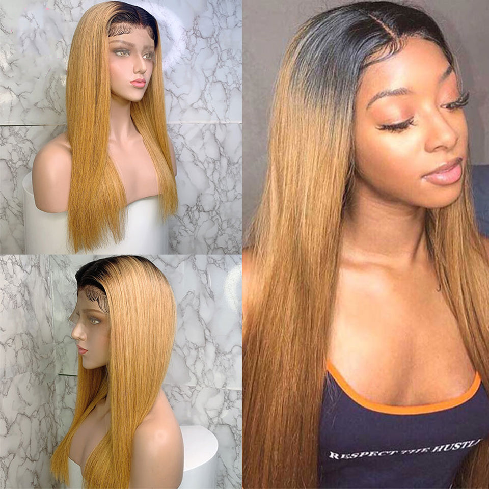 13x6 straight 1B-27 Lace Frontal Wig 100% Human Hair Virgin Hair