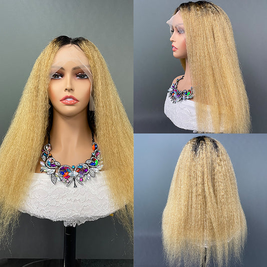 100% Human 13 x 1  yellow Kinlcg Straight Lace Frontal  wig head cover