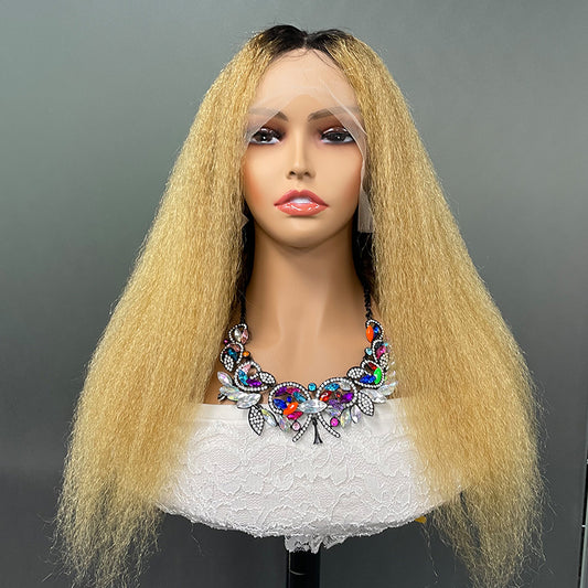 100% Human 13 x 1  yellow Kinlcg Straight Lace Frontal  wig head cover