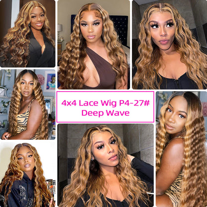 4x4 Virgin Pre Plucked Wigs Natural Human Hair Lace Deep wave Highlight Wig