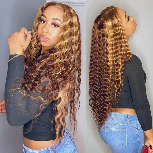 4x4 Virgin Pre Plucked Wigs Natural Human Hair Lace Deep water wave Highlight Wig