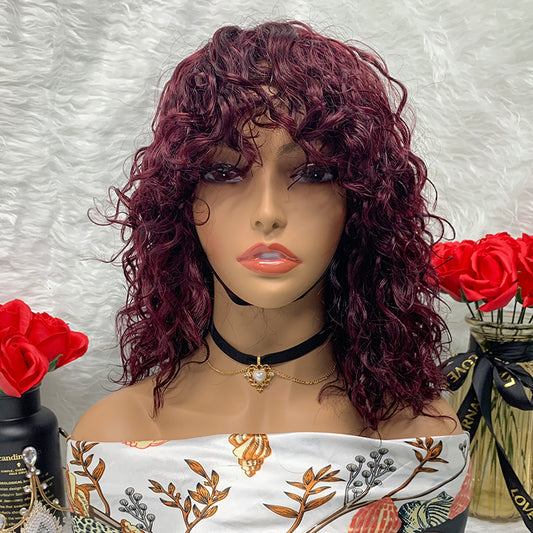 99J Machine Made No Lace Fringe Water Wave Curls Bob Wigs With Bangs