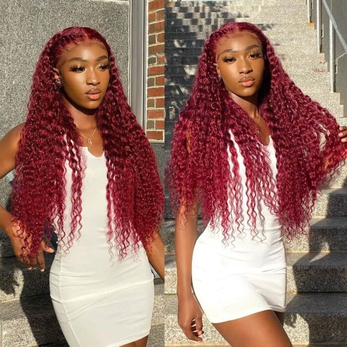 13*4 deep wave 99J Lace Front  Wigs 100% Virgin Human Hair