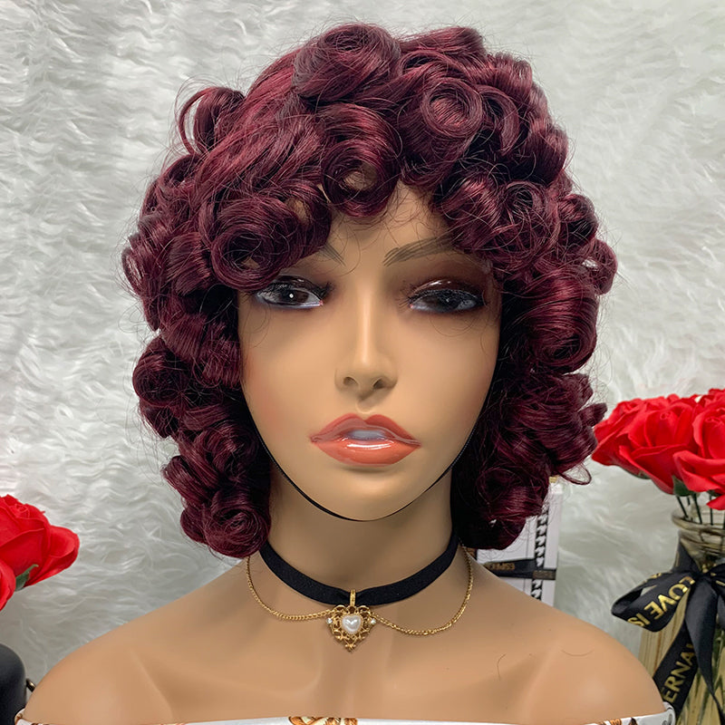 Rose Curly Super Double Drawn Wigs No Lace Burgundy Wig Machine Made Human Hair Pixie Cut Wig